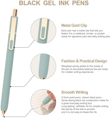 Linbsunne Gel Pens Black Ink Pens for Office 0.5mm Fine Point Pen Smooth Writing Retractable (Metal gold clip-10 pcs)