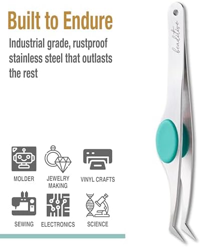 Beaditive High Precision Angled Tip Tweezers with Cushion Grip - 4.7" Craft Tweezers for Sewing, Beading & DIY Crafts - Non-Serrated Jewelry Tweezers with Fine Angled Tips - Stainless Steel (Teal)