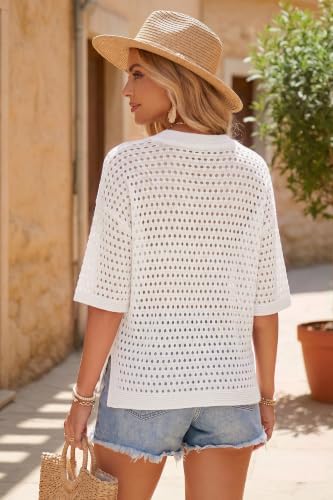 Arach&Cloz Women's Linen Blend Oversized Hollow Out Summer Crochet Tops