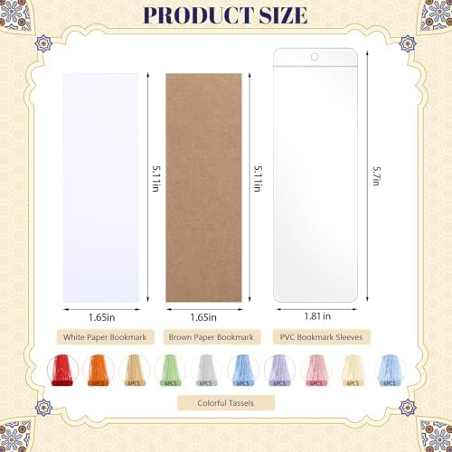 60 Sets Blank Kraft Paper Bookmarks Kit with Tassels and PVC Sleeves