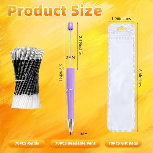 210 Pieces DIY Beadable Pen Bulk Kit – 70PCS Ballpoint Pen with Refills & Bags – Perfect for Beads Pens Supplies, Beaded Pens for DIY Crafting – Office Supplies & Teacher Accessories (Purple)