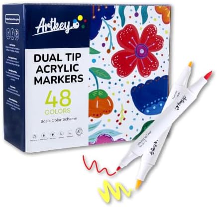 Artkey Acrylic Paint Markers 48 Colors, Dual Tip Acrylic Paint Pens with Brush and Fine Tips, Acrylic Markers Set for Rock Painting, Wood, Canvas, Glass, Ceramic, Stone, Fabric, Plastic, DIY Crafts