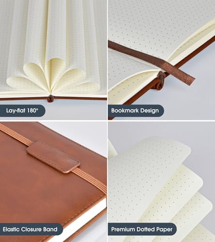 Biuwory Dotted Journal Notebook, 140 Dot Grid Pages, Medium 5.7"×8.3" | A5 Hardcover Vintage Leather Journal for Women Men, Dot Grid Paper Notebook for Work School Travel, Bullet Journaling Writing