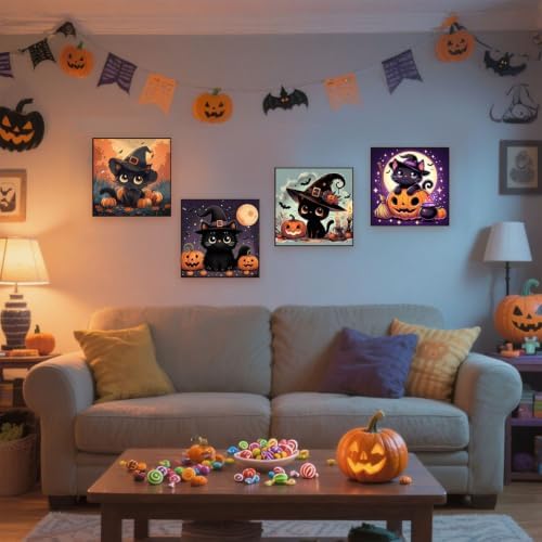 4 Pack Halloween Paint by Numbers Kit for Kids with Frame (Cat, 8x8 inch)
