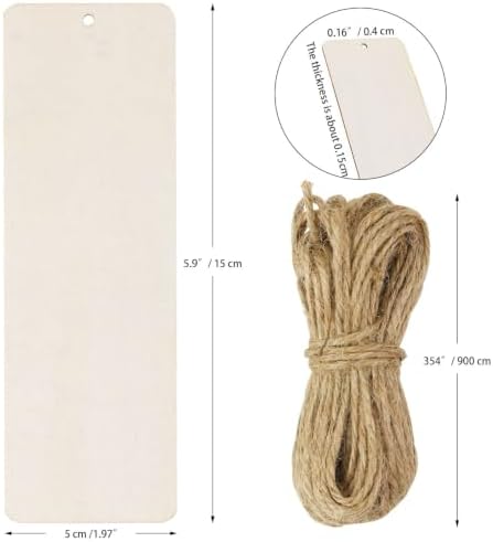 FSWCCK 50 Pcs 6 x 2 Inch Large Size Blank Wooden Gift Tags Labels Unfinished Wooden Book Markers Ornaments with Holes and Ropes for DIY Crafts, Wedding Birthday Party Decors