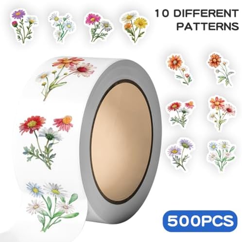 Wildflower Stickers,500pcs Daisy Flower Floral Theme Aesthetic Stickers Waterproof Vinyl Decorative Label Stickers Self-Adhesive Labels for Envelopes Gift Wrap