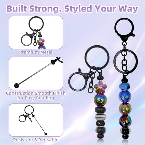 28 Pcs Beadable Keychain Bars - Keychain Making Kit Bulk - Metal Beaded Keychains for Crafting - Diy Key Chain Supplies - Blank Keychains Bars for Beads - Beadable Items (Black)