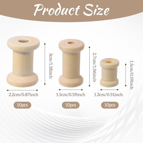 30 Pcs Wooden Spools, 3 Sizes Natural Wooden Spools for Crafts, Unfinished Empty Bobbins for Sewing Embroidery Machines, Wire Weaving, Thread Cord Ribbon Organizer, Arts Crafts DIY Textile Projects