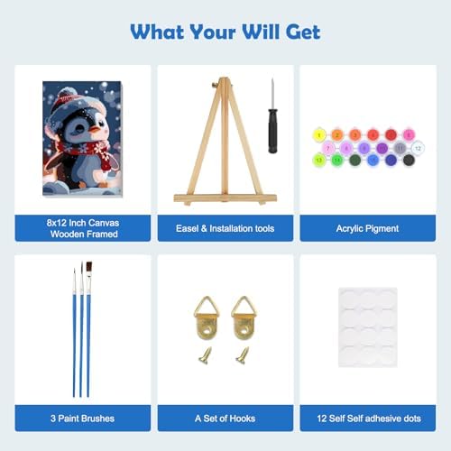MOGTAA Christmas Paint by Numbers Kit for Adults Beginners with Frame, Penguin Adult Paint by Number Kits on Canvas with Easel, Easy DIY Winter Oil Painting Kits for Home Decor, 8x12in