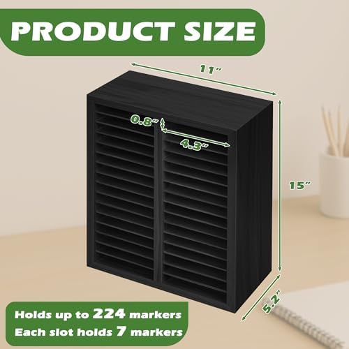 PROLEE Marker Organizer for 224 Markers, Wooden Alcohol Marker Holder with 32 Compartments, Horizontal Art Pen and Pencil Storage Rack for Desk, Classroom and Studio, Black