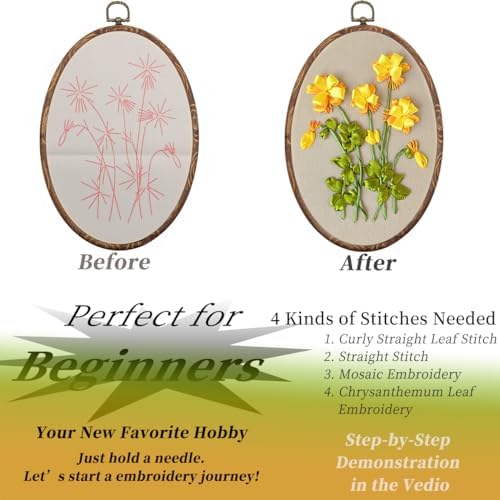FONNUY Ribbon Embroidery 3D Flowers Pattern Design Kit Embroidery DIY Handwork Set Oval Home Decoration (Yellow Begonia)