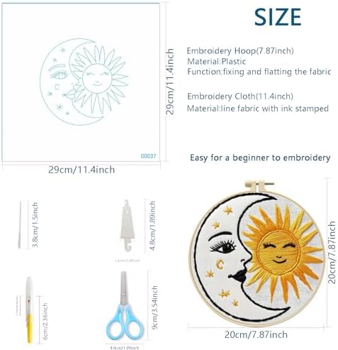 Zhenqing Celestial Embroidery Kit for Beginners, 3-Piece Moon Sun Snake Eye Needlework Set with Pre-Printed Fabric, Hoop, Threads & Tools (C0157)