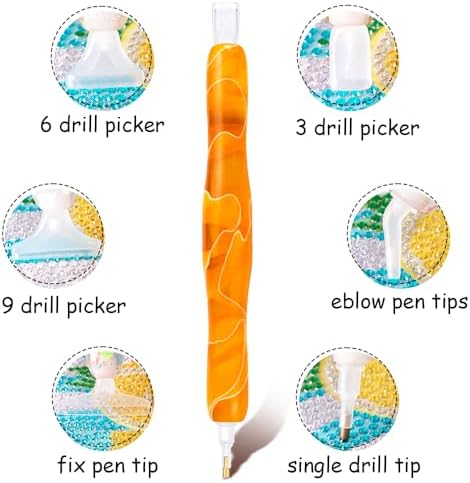 RaySoar Diamond Painting Art Drilling Dot Pen with Tips Nibs Placers Tool Accessories for Adults, Gem Rhinestone Picker Stylus Orange