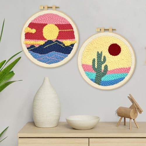 ERKOON Punch Needle Kit Adults Beginners, 2 Pcs DIY Easy Landscape Embroidery Set for Starter Art Craft, Needling Punching Project with Patterns, Tools, Yarns, Hoop, Instruction (Desert & Afterglow)