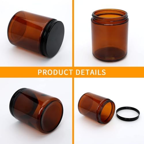 8oz Amber Candle Jars Set of 3,Round Glass Jar with Black Lids