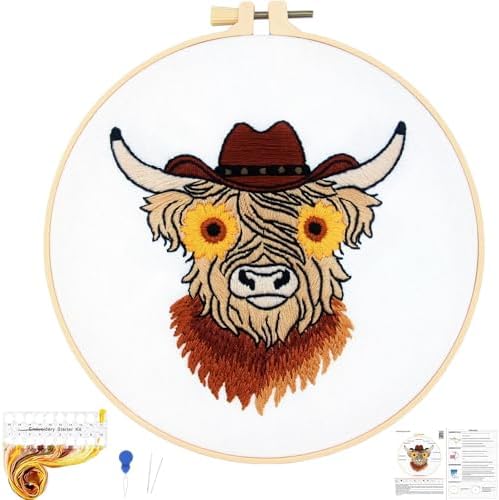 Highland Cow Embroidery Kits for Beginners Adults, Animal Hand Embroidery Starters Kits, Stamped Cross Stitch Kits DIY Needlepoint Kits for Beginners Adults, Embroidery Hoop, Thread and Video Tutorial