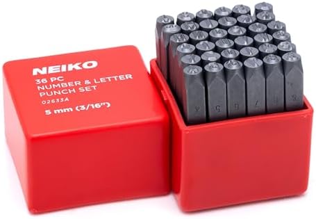 NEIKO 02633A Number and Letter Punch Set with Heat-Treated Steel Punches, Imprinting & Arts and Crafts, 3/16" (5 MM) Shaft, 36 Pc Stamp Set, Uppercase Letter & Number Punch Set (A-Z / 0-8 / "&")
