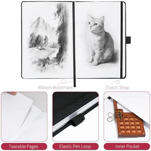 Vienrose 8.7"x5.7" Sketch Books, Linen Cover Sketching Book with Acid-Free Paper, 111lb/180gsm Drawing Pad for Kids, Beginners & Professionals, Art Supplies for Adults & Students(Black, 60 Sheets)
