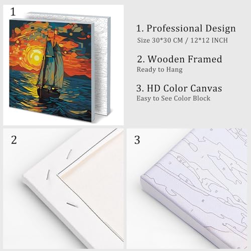 Natuyalo Framed Paint by Numbers for Adults - Sailboat DIY Adult Paint by Number Kits Sunset Seascape Acrylic Painting by Numbers for Beginners Art Craft Kits for Adults (12x12 Inch, Framed)