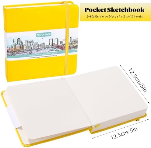 Hardcover Pocket Sketchbook, 5" × 5", 80 Sheets Small Sketch Book, Yellow