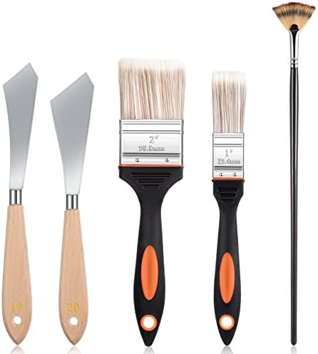 CHENGU 5 Piece Paint Knives Palette Knife Set with Fan Brush for Oil Canvas | Stainless Steel Blades, 2 in and 1 in Knives, Background Blender, Mixing Spatula, Painting Starter Kit