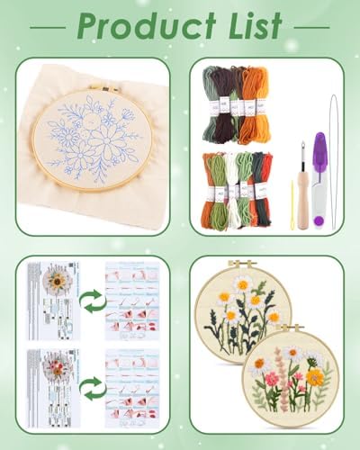ERKOON Punch Needle Kit Adults Beginners, 2 Pcs DIY Easy Flower Embroidery Set for Starter Art Craft, Needling Punching Project with Patterns, Tools, Yarns, Hoop, Instruction (Colorful Flowers)