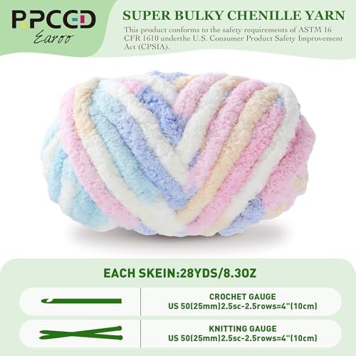 Bulky Chunky Yarn for Hand Knitting Blanket – #10 Jumbo Knitting Yarn, 1 Inch Thick Chenille Jumbo Yarn, No Knots Soft Machine Washable, Super Bulky Yarn 4 Pack for Crochet, Arm Knitting & Crafts
