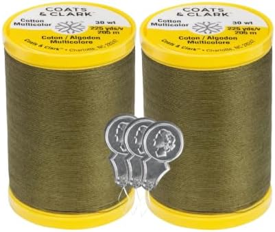 Coats & Clark Cotton All Purpose Sewing Thread 100% Mercerized Cotton 225 Yards Each Spool S970 2 Pack Bundle with 3 Bella's Crafts Needle Threaders (Bronze Green)