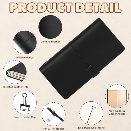 Thenshop Leather Travel Notebook 3 Inserts,Black,Stand Size