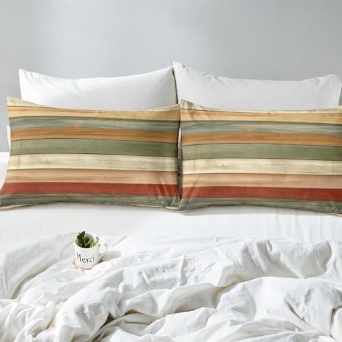 Retro Stripes Sheet Set Oil Painting Striped Bedding Set Modern Simple Style Bed Sheets Teens Room Decor Orange Green (Queen Flat & Fitted Sheet with 2 Pillow Case)