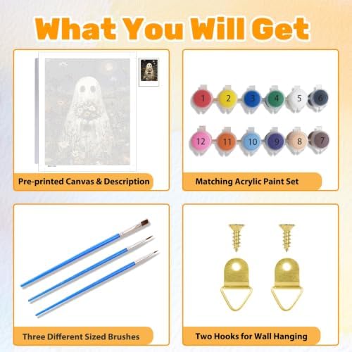 Halloween Paint by Numbers Kit for Adults, Ghost Holding Fowers, 16x20 inch