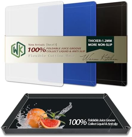 WK Flexible Plastic Cutting Boards Mats with Lip, Foldable Cutting Board for Kitchen Set of 3, Cutting Board for Meat, Nonslip Cutting Mats, BPA Free, Dishwasher Safe, Multi Colors