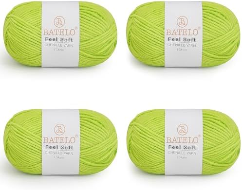 Thin Chenille Yarn for Crocheting & Knitting, Soft Plush Yarn for DIY Crafts, Amigurumi, Home Decor - 3 Light - 4 Pack of 1.7oz/142yds - Pear Green