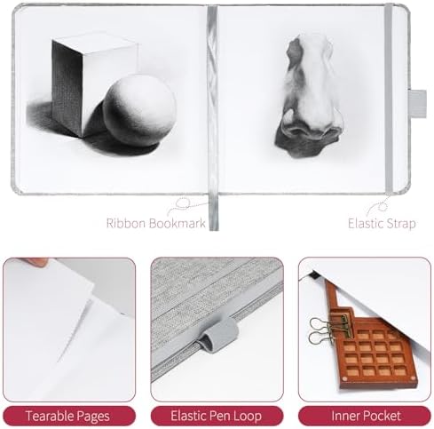 Vienrose 5.5"x5.5" Sketch Books, Linen Cover Sketching Book with 120 Acid-Free Pages, 111lb/180gsm Drawing Pad for Kids, Beginners & Professionals, Art Supplies for Adults & Students(Grey, 60 Sheets)