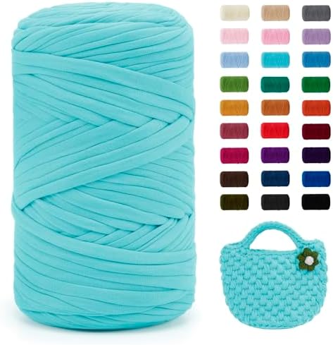 JeogYong T-Shirt Yarn, 400g/131 Yards Elastic Fabric Crochet Cloth T Shirt Yarn, Thick Hand Knitting Polyester Fabric Ribbon for Crocheting Bags/Baskets/Rugs, Home Decor, DIY Crafts (Aqua Blue)