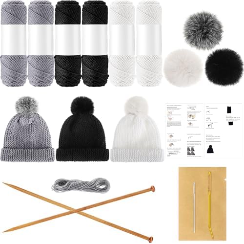 Syhood Knitting Kit for Adults Beginners 6 Yarns Bamboo Needles Faux Pom