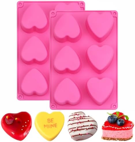 BAKER DEPOT 6 Holes Heart Shaped Silicone Mold For Chocolate Cake Jelly Pudding Handmade Soap Mould Candy Making Set of 2