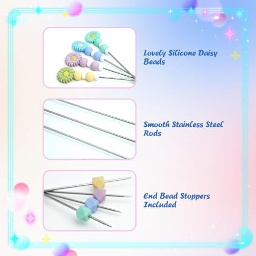 8 Pcs Knitting Needles with Daisy Beads, 2.6mm Diameter, 9.8'' Length