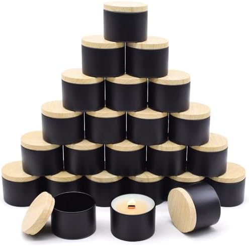 24-Pack 4oz Candle Tins with Wood-Grain Printing Lids, Metal Candle Jars for Candle Making, Empty Containers Vessels Bulk for Small Business & Beginners DIY Storage -Wood Black