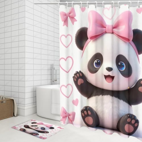 Girls Cute Baby Panda 4Pcs Shower Curtain Sets,Cartoon Lovely Animal Panda Bears Bathroom Decor Set,Princess Style Pink Bow Kawii Toilet Lid Rug, Bath Mat and Contour Mat