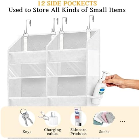 Over The Door Organizer 6 Tiers, Extra Large Behind Door Storage of 12 Compartments, 80 lbs Weight Capacity Hanging Storage Organizer with Clear Window Kids Toys, Shoes,Diapers, Room Storage, White