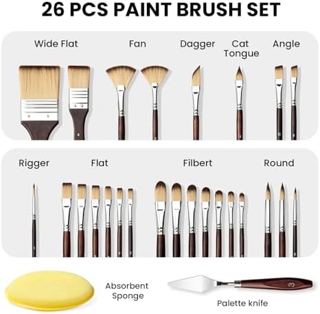 26pcs Paint Brush Set, Professional Paintbrushes with Palette Knife & Self-Standing Case, Nylon Paint Brushes for Acrylic Paint, Oil, Watercolor, Art Supplies for Artists Beginners