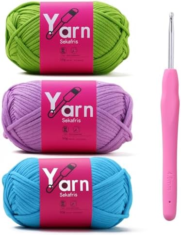 Crochet Yarn 150g/163.5yds Cotton Yarn for Crocheting - Crochet Knitting Yarn for Beginners with Easy-to-See Stitches - Yarn for Crocheting - Chunky Yarn (Emerald Green+Pale Purple+Lake Blue)
