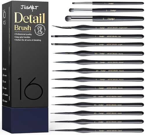 JusArt 16-Piece Detail Paint Brush Set, Miniature Paint Brushes for Models, Acrylic Oil Watercolor, Professional Fine Detail Brushes for Adults & Miniature Painters