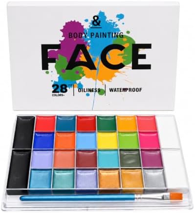 28 Colors Face Body Paint Kit, Oil Based, Waterproof Non-Toxic Face Paint Palette with Brush for Halloween Cosplay, Parties & Stage Makeup