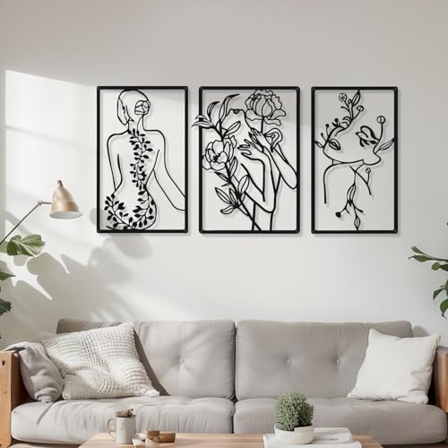 CHENGU 3 Pieces Metal Minimalist Abstract Woman Wall Art Line Drawing Wall Art Decor Single Line Female Home Hanging for Kitchen Bathroom Living Room