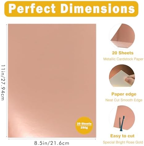 Rose Gold Cardstock 8.5x11, 92lb/250GSM Metallic Shimmer 20 Sheets