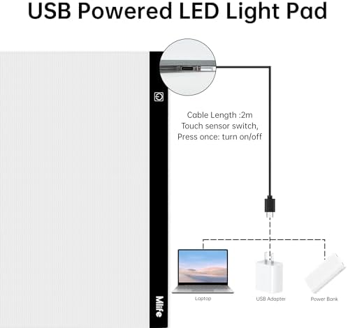 Mlife A2 LED Light Pad for Diamond Art Painting Light Board with 3 Brightness, Tracing Light Board with USB Cable & 4 Fasten Clips for Sketching, Animation, Drawing, Diamond Art Painting Supplies