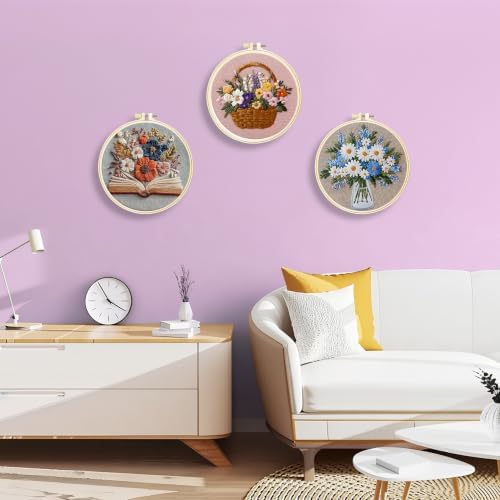 Huacan Embroidery Kit for Adults Beginners with 3 Hoops & Gift Box