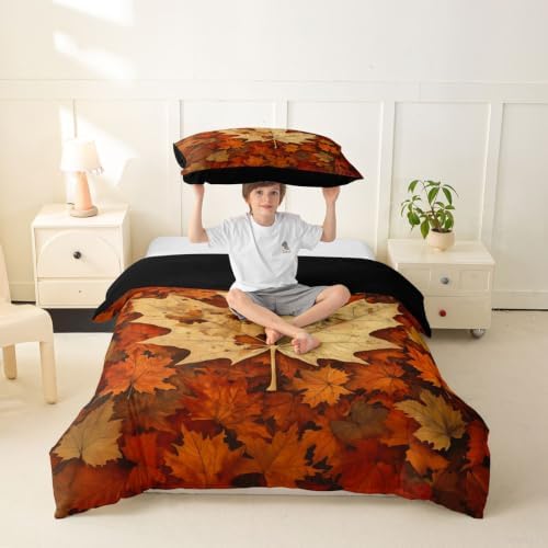 Erosebridal Maple Leaf Duvet Cover Twin Size Autumn Fall Bedding Set for Kids Boys Girls Boho Vintage Comforter Cover Modern Abstract Bedclothes Room Decor